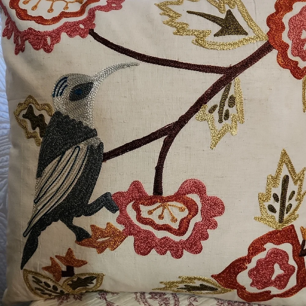 Cost Plus World Market Bird Floral Linen Cotton Pillow